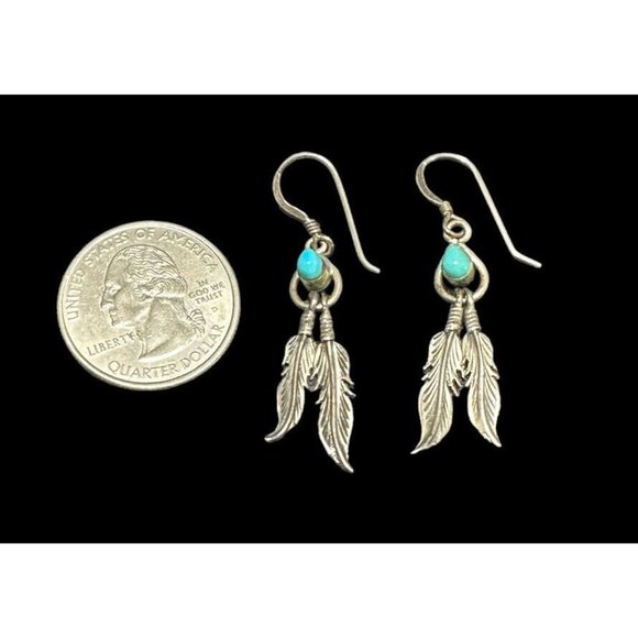 Sterling Silver and Turquoise VTG Southwestern Two Feather Earrings Dangle Hook - Picture 2 of 5